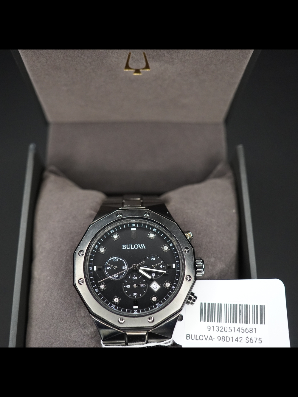 Bulova 98D142 Diamond Accent Chronograph Gray Quartz Men's Watch Box & Tags